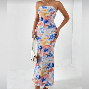 Satin Floral Strapless Maxi Dress